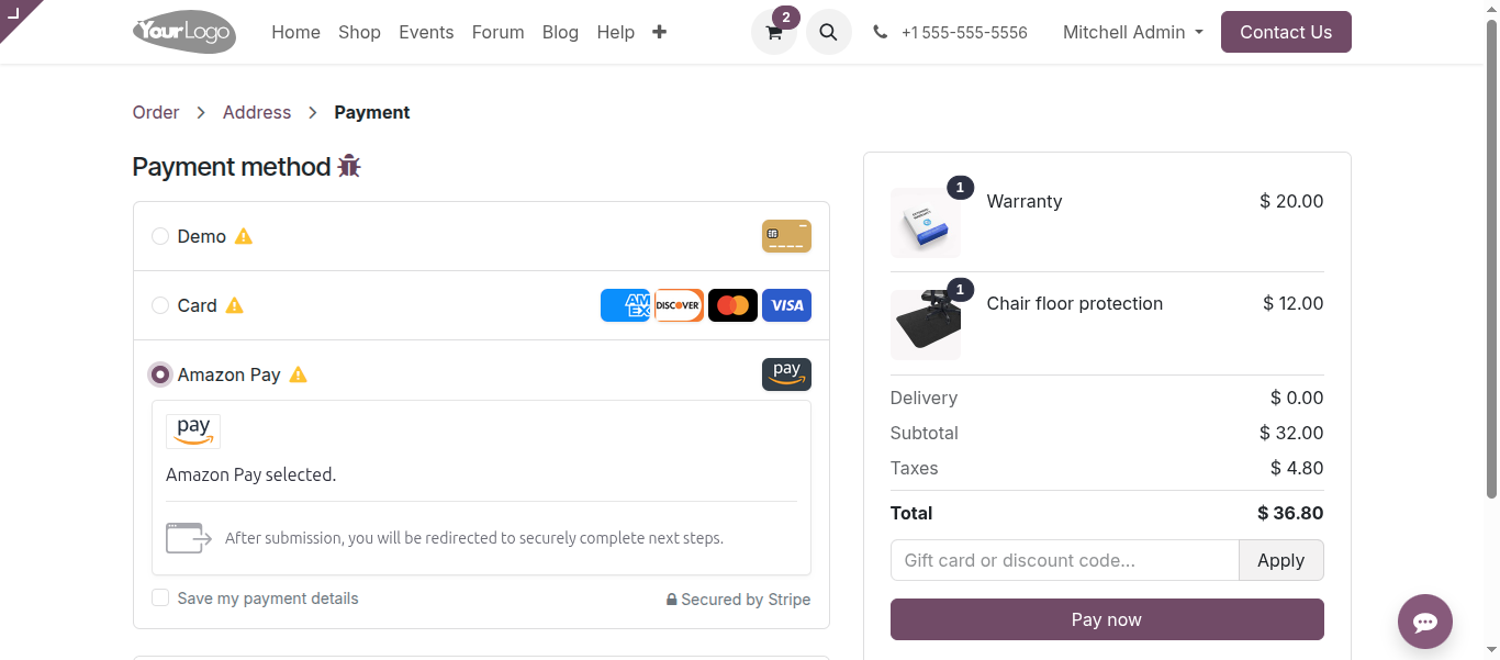 Amazon pay added to stripe - odoo 19