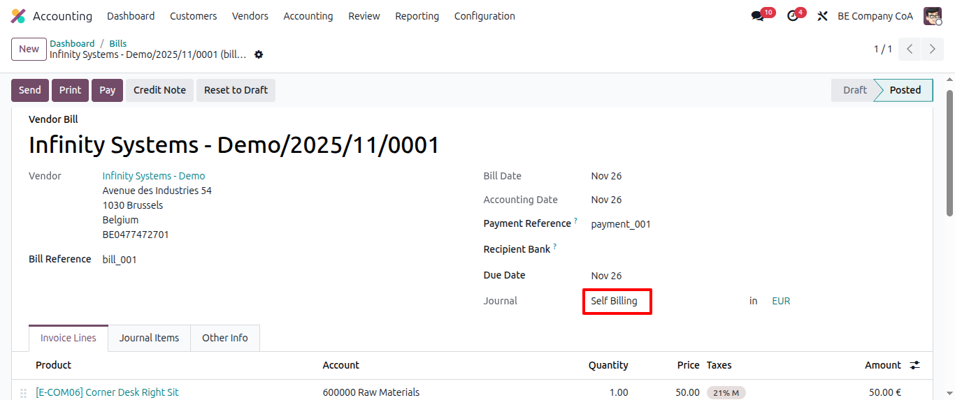 Peppol -  Create a vendor bill with vendor bill lines