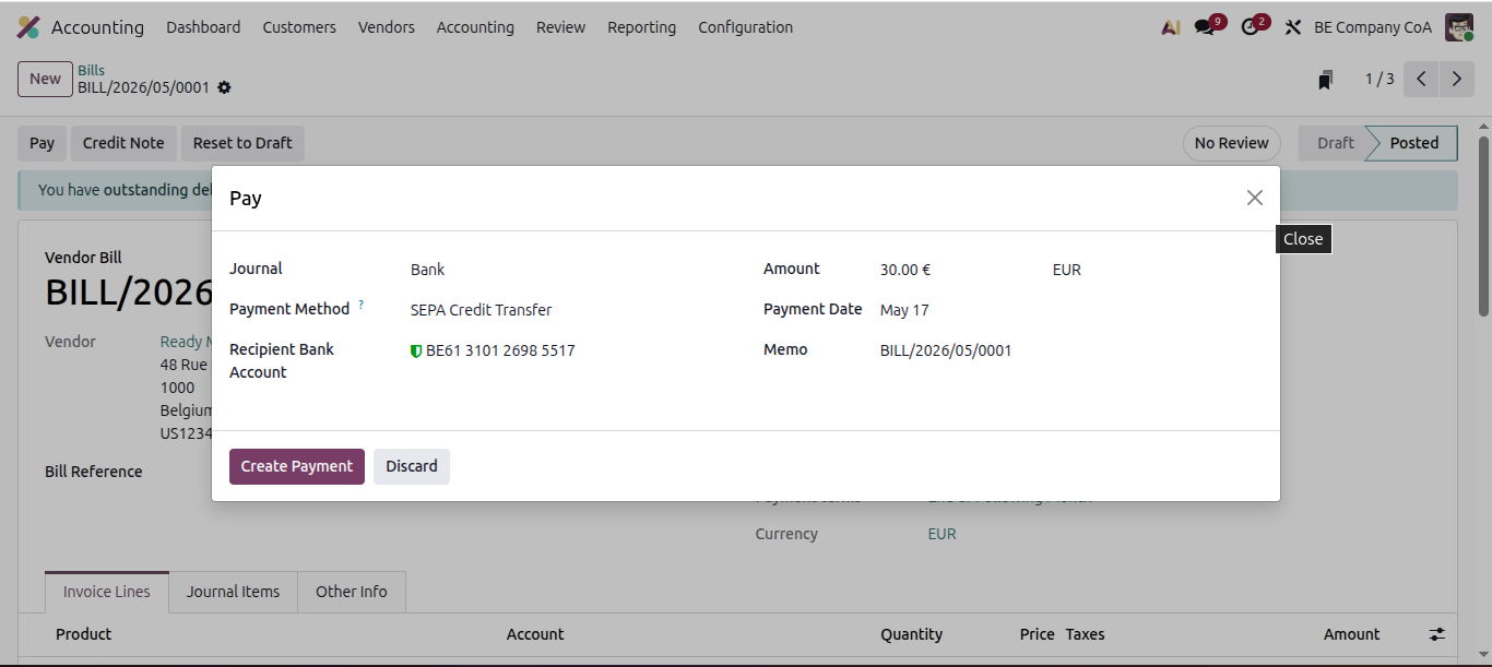 Vendor Bill payment - SEPA Difrect credit Vendor Bill payment - SEPA Difrect credit: