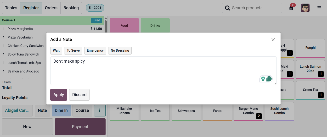 Customer note for Food Preperation: - odoo 20 features Customer note for Food Preperation: - odoo 20 features
