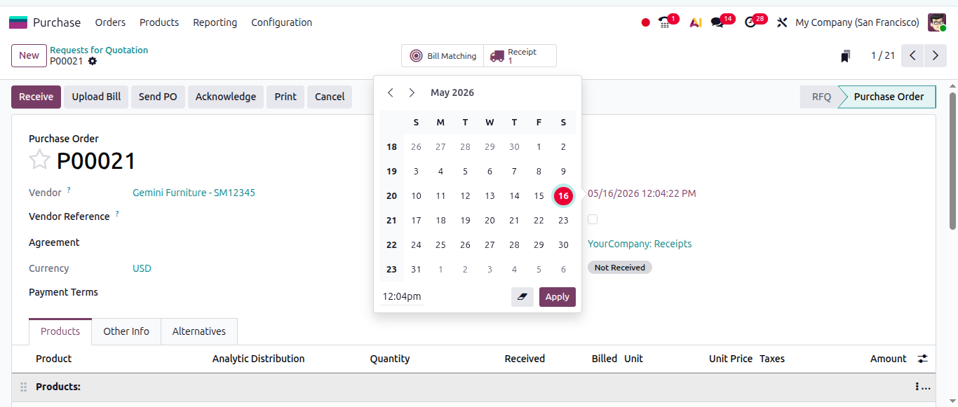 Edit expected arrival date: purchase latest features in odoo 20