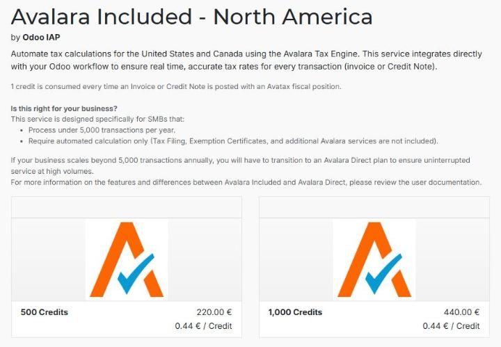 avalara included odoo 20 features