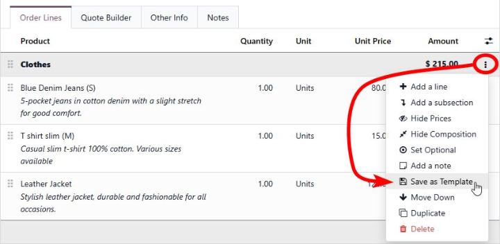 reuse section in sales odoo 20 fetures