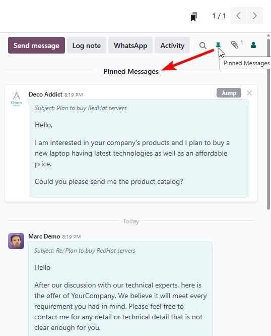 pin message in odoo 20 features