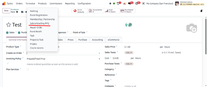 Subcontracting On RFQ odoo 20 features