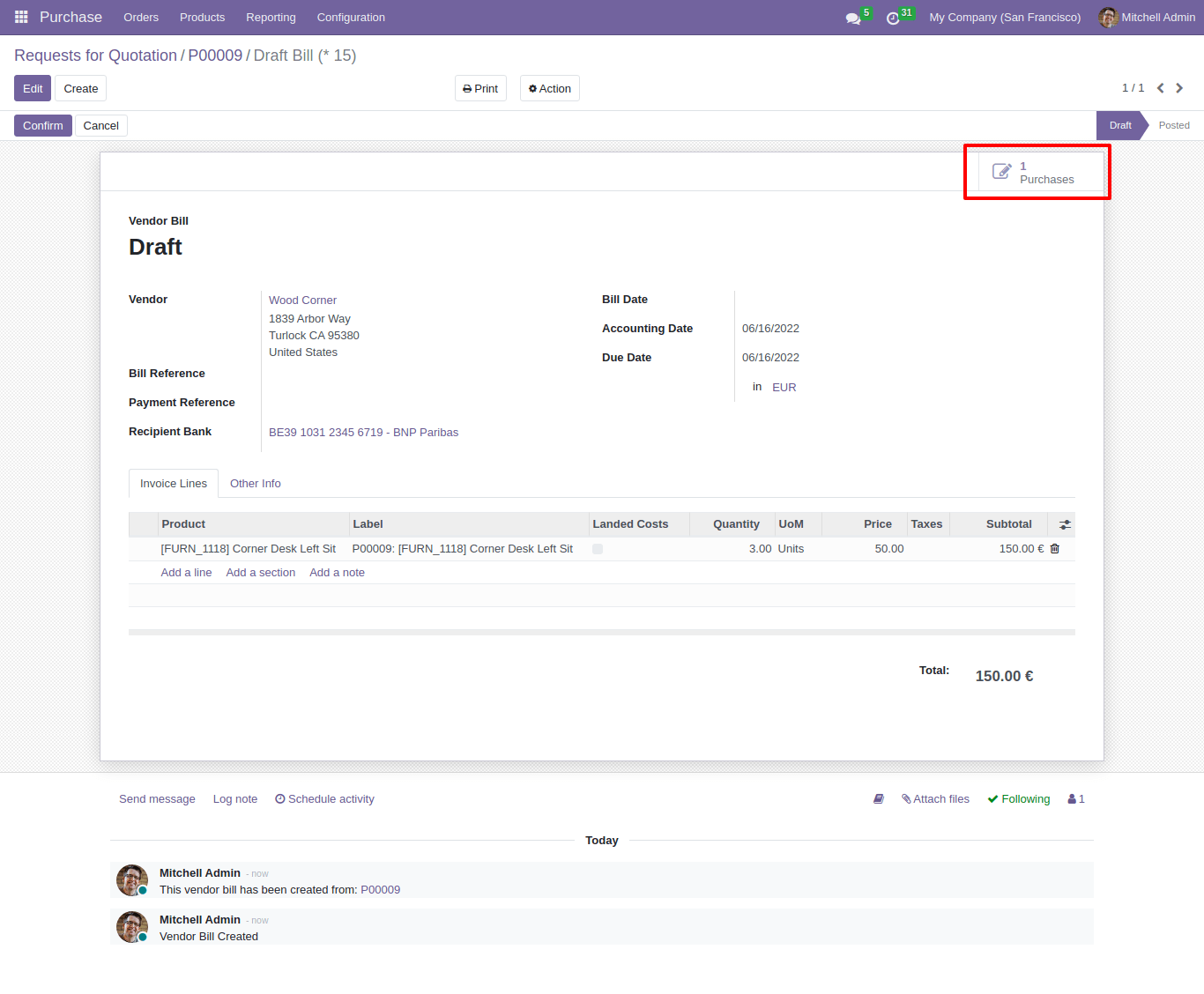 Draft Bill in odoo purchase