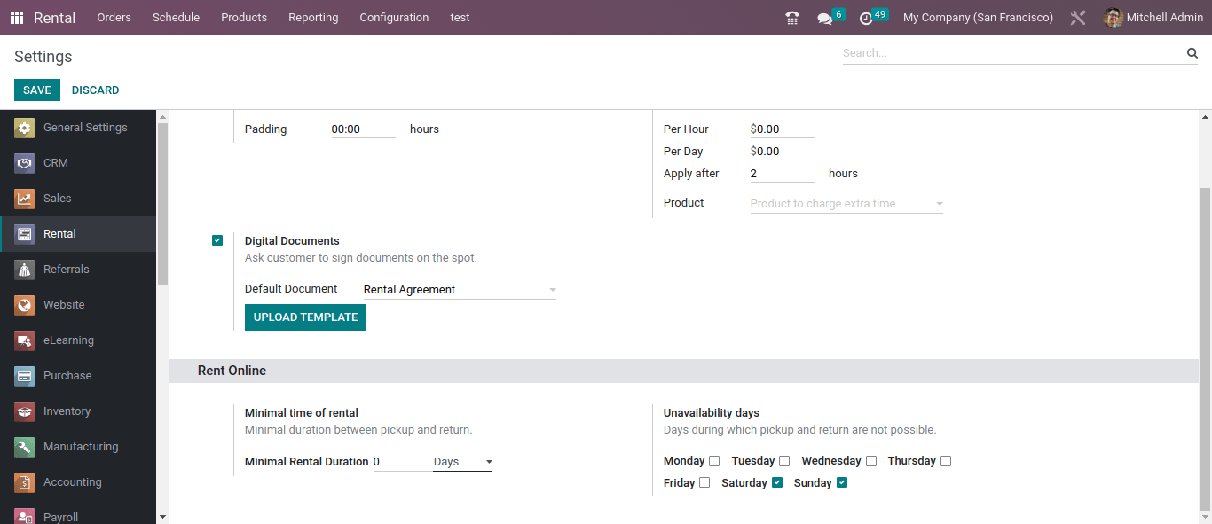 setting page in odoo 16 rental