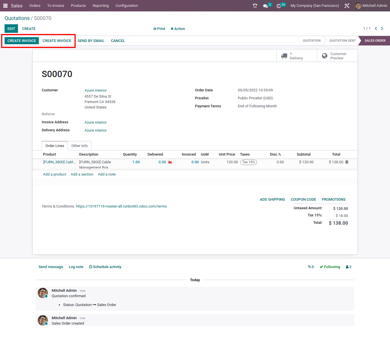 create invoice in odoo 16 sales 