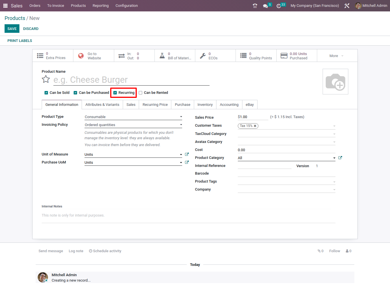 recurring in product in odoo 16 sales