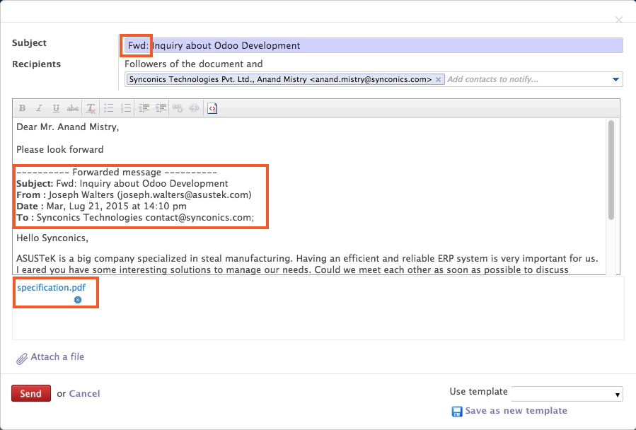 Forward Message in odoo email