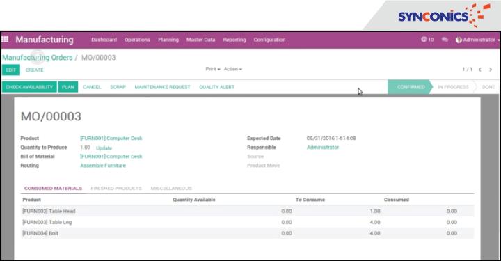 Manufacturing order odoo 10