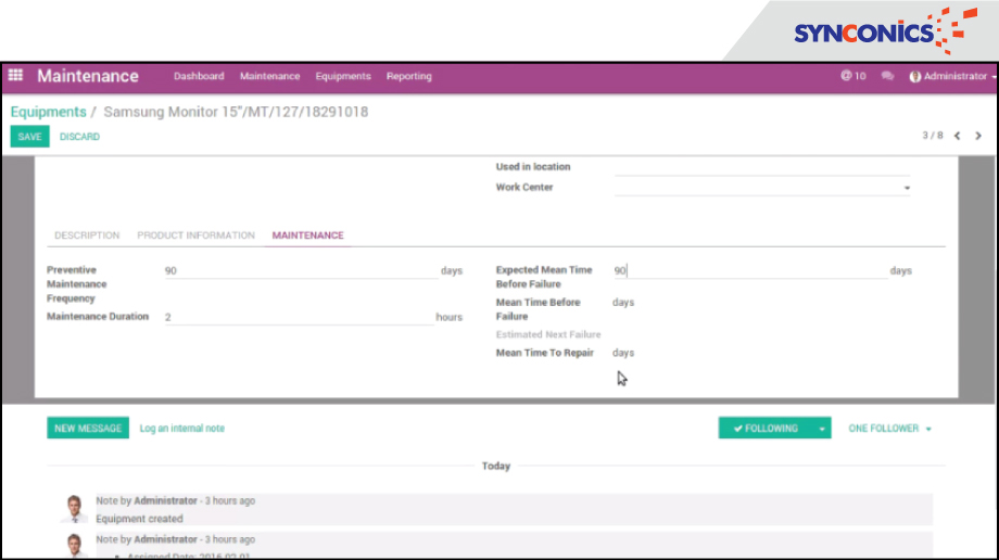 Equipment in Maintenance odoo 10
