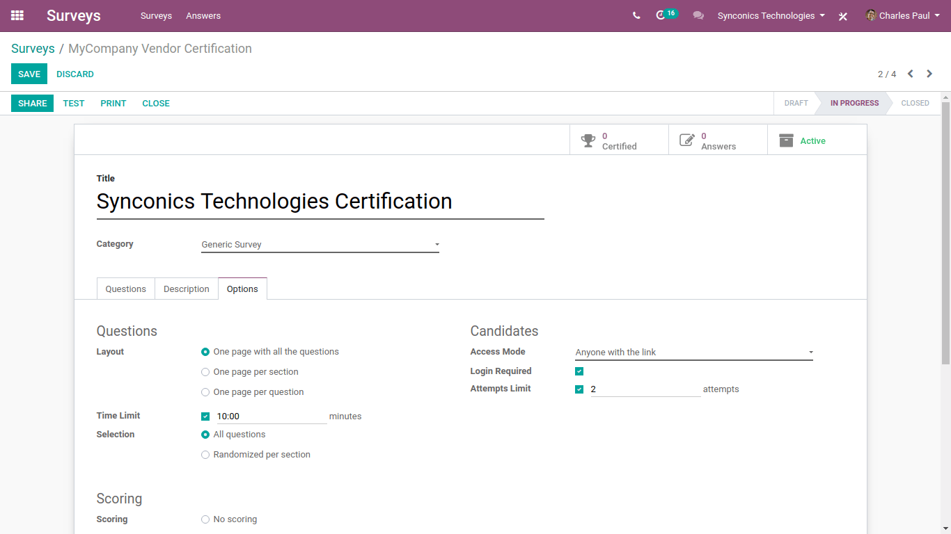 odoo 13 Survey My company vendor certification