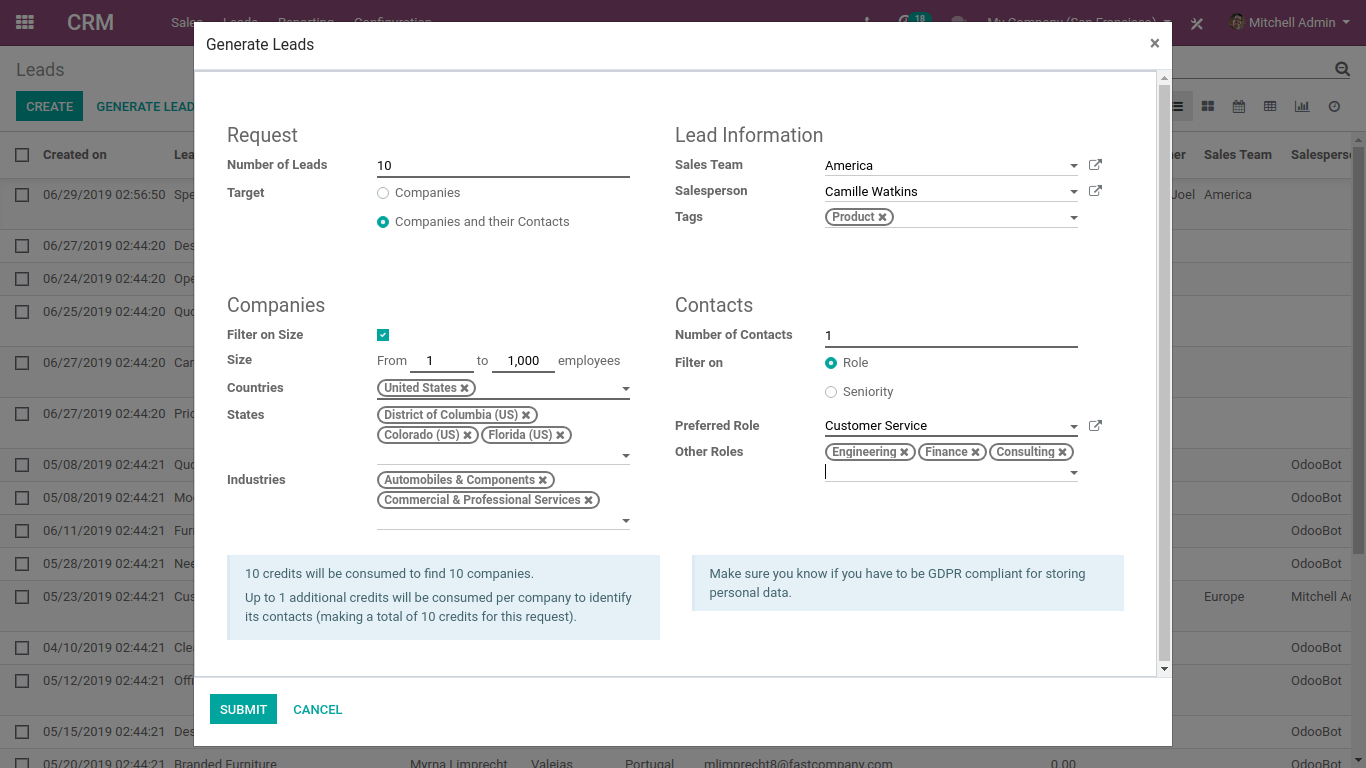 generate leads in odoo 13