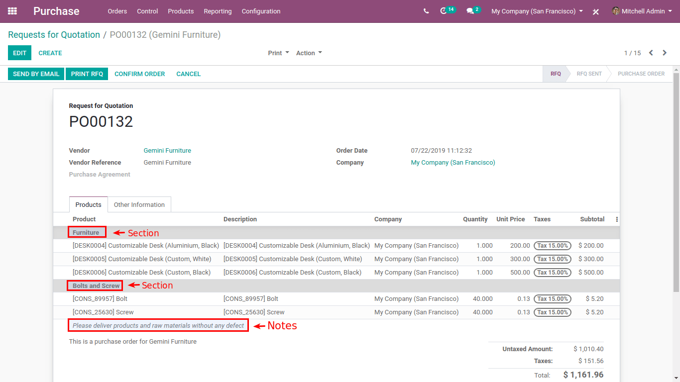 request for quotation in odoo purchase