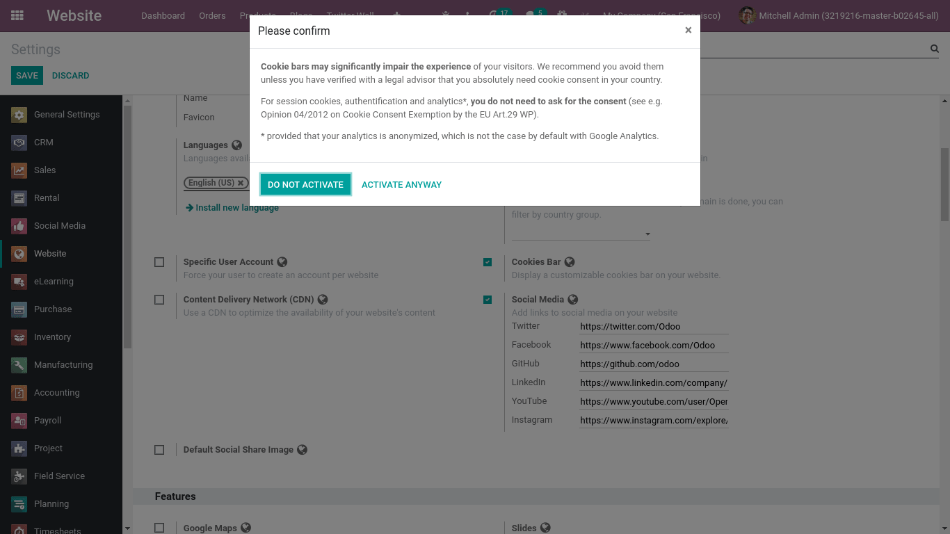 cookie confirmation in odoo