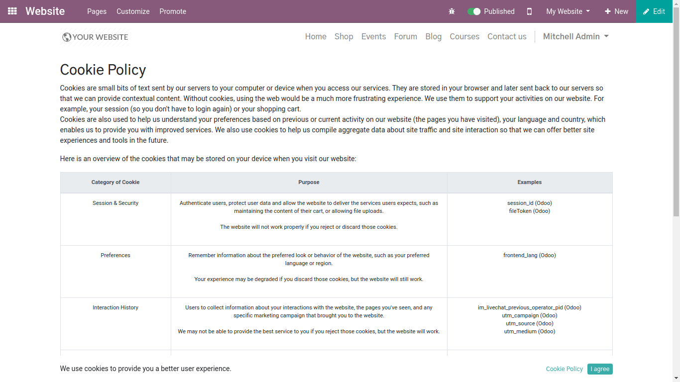 cookie policy in website