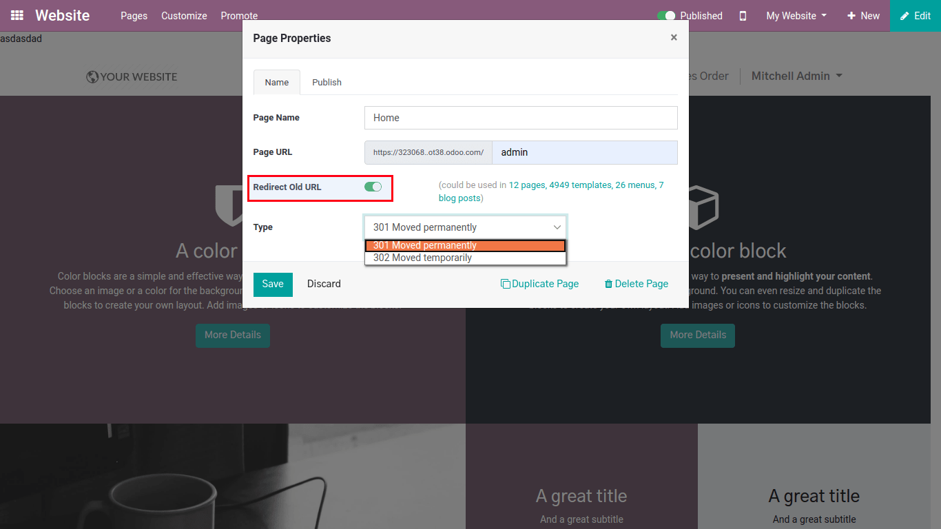 web page property in odoo website
