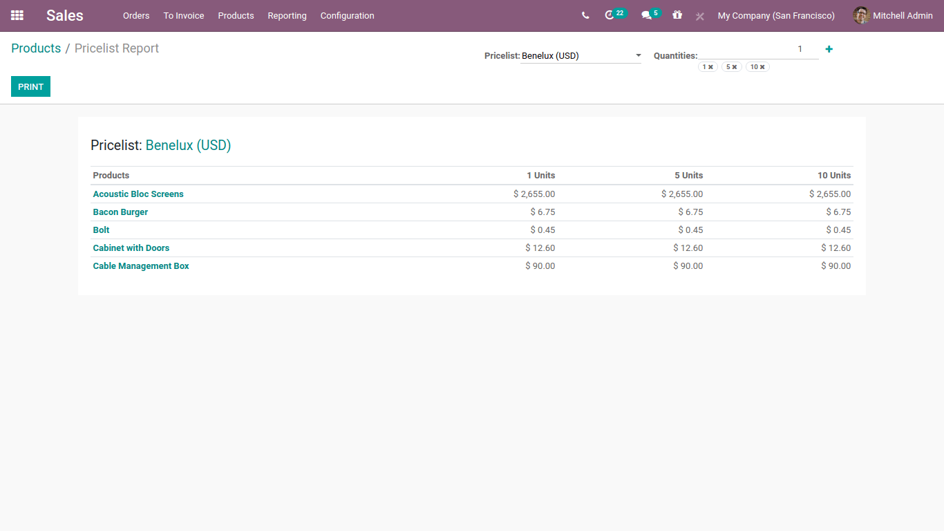 product price list report in odoo sales