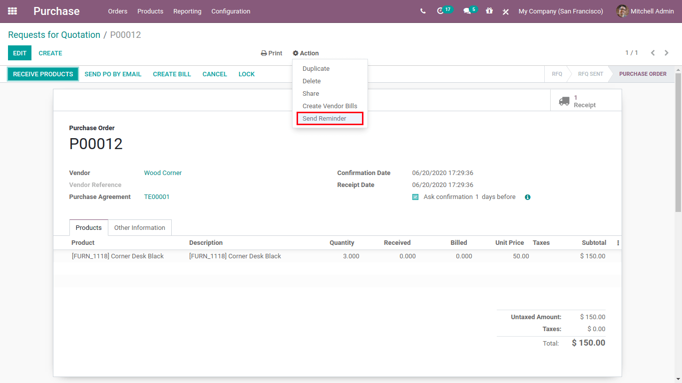 purchase order ask confirm in odoo 14