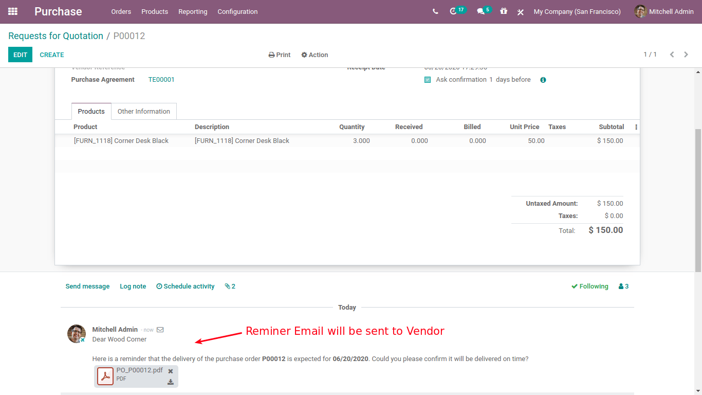 reminder email will be sent ro vendor odoo 14 purchase