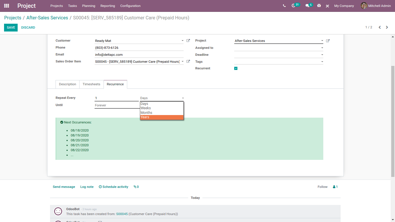 odoo 14 project related recurring