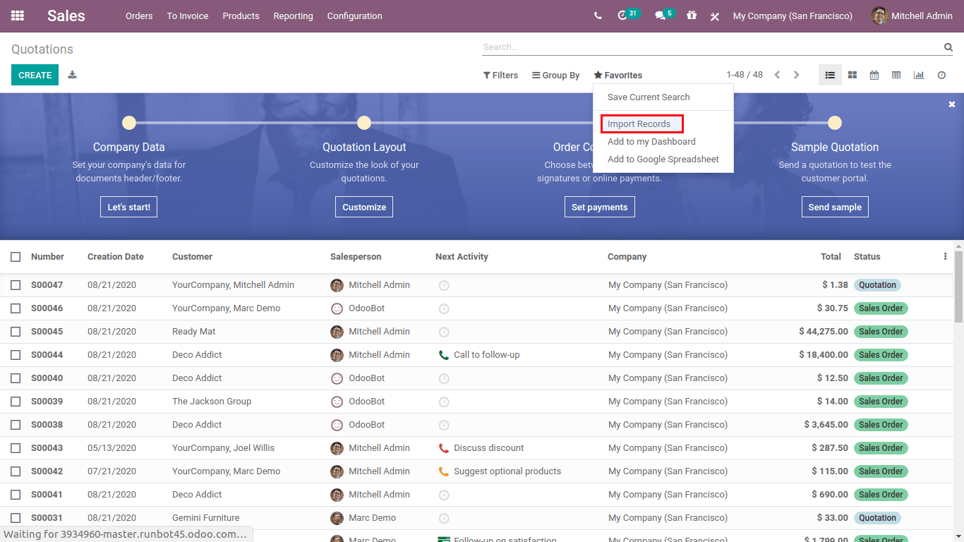 import record in odoo sales