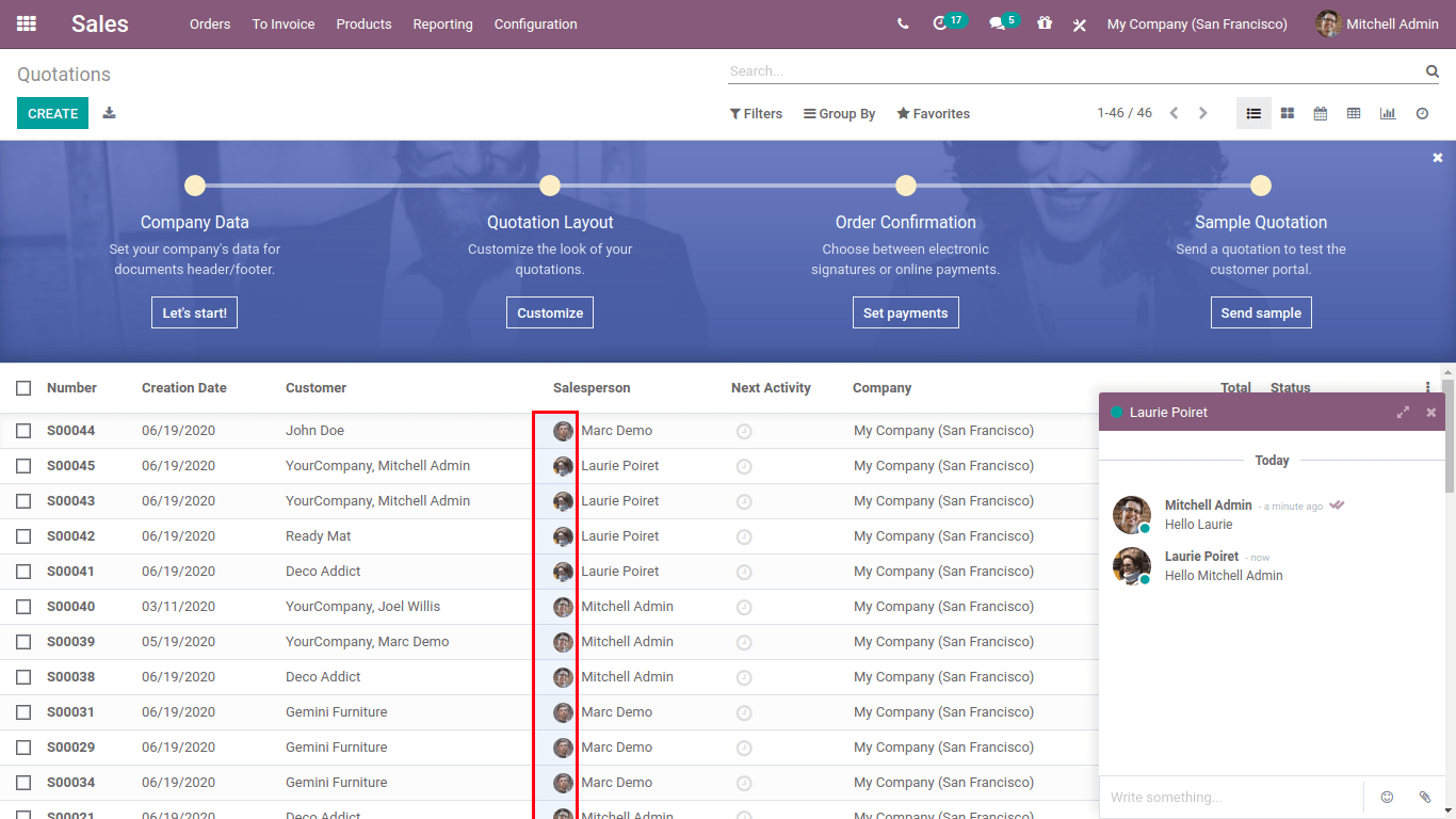 Direct communication from the list view in odoo sales
