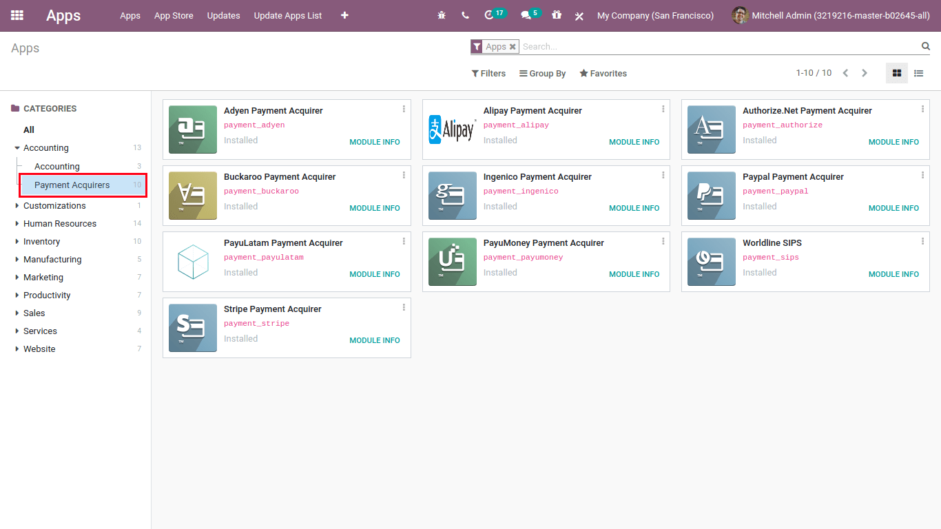 Filters on odoo Apps