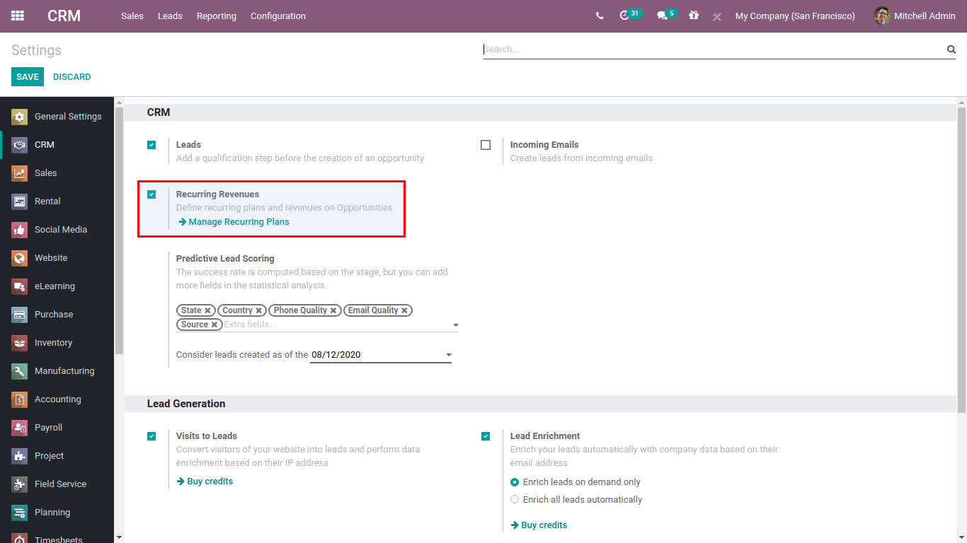 recurring revenue in odoo crm