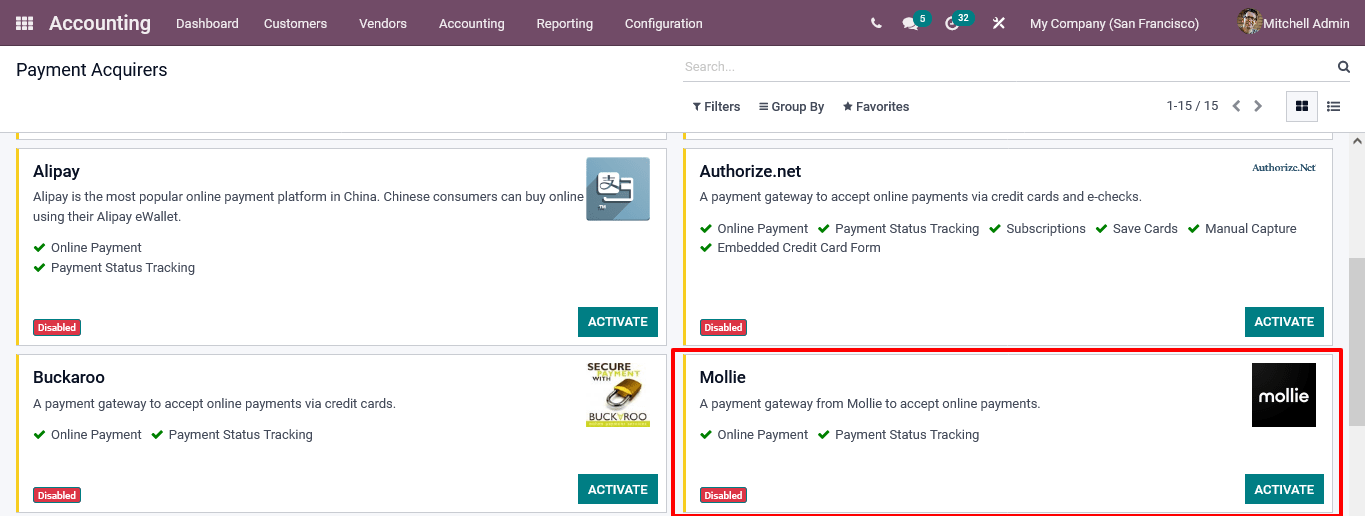 Mollie Payment Acquirer in accounting odoo 15