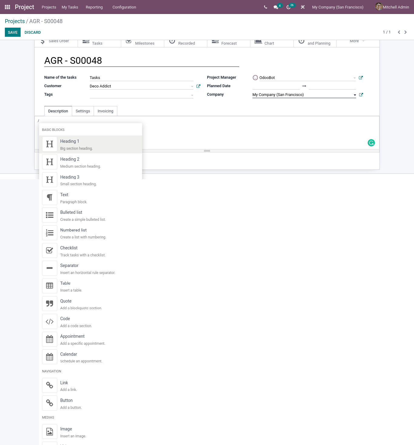 Define heading & Blocks in description field odoo 15