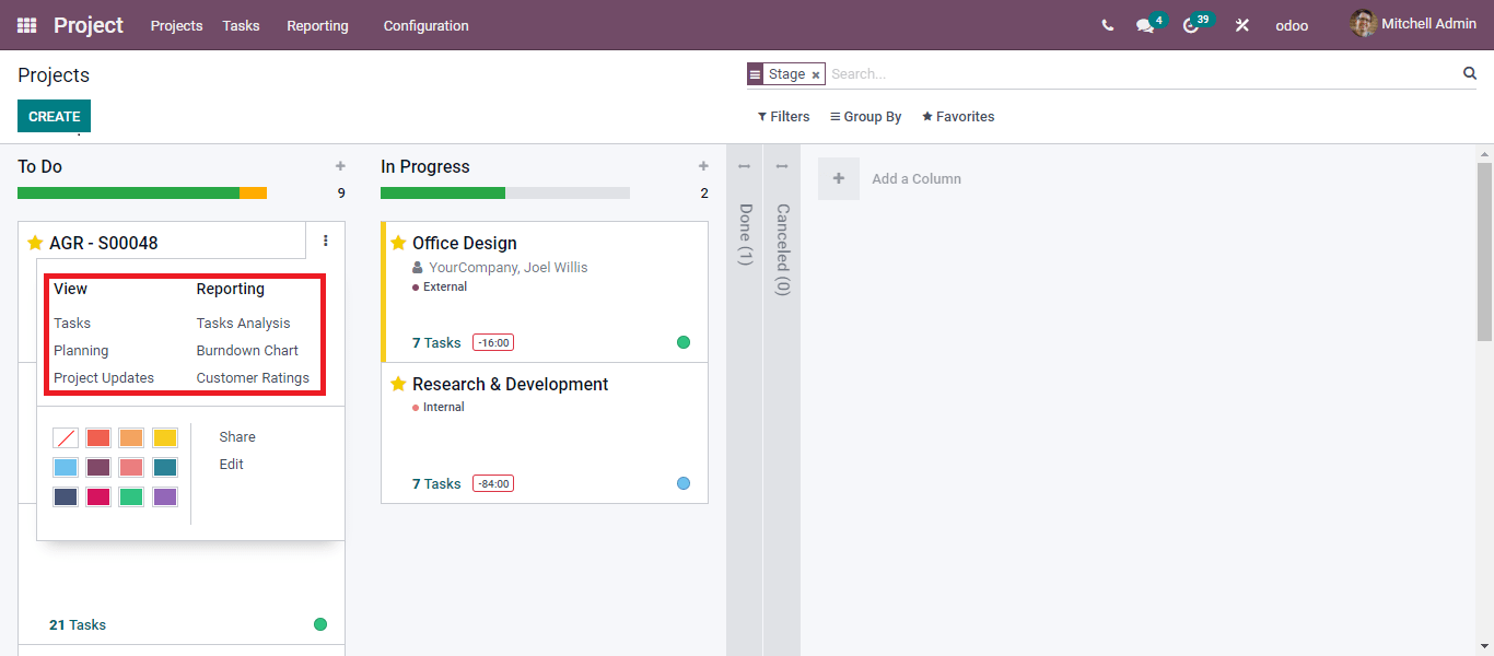 project dashboard odoo 15