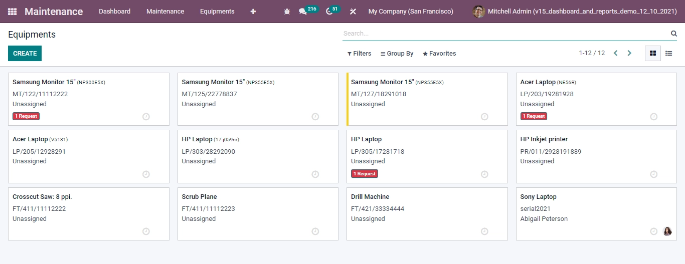 Equipments In odoo maintenance