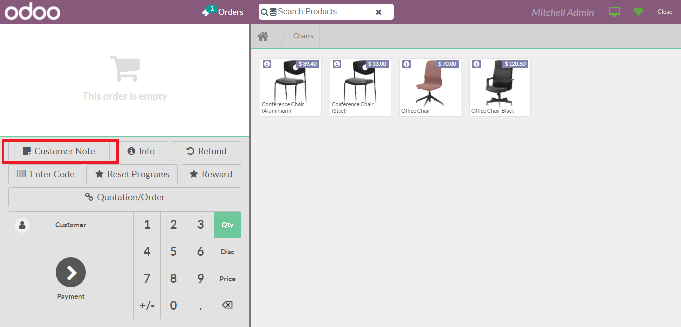 customise note in odoo oint of sale15 P