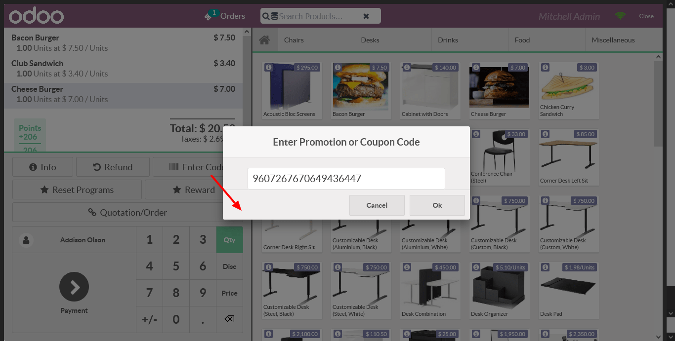 Enter Coupons and Promotions code odoo 15