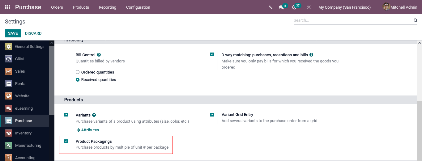 product packaging in odoo purchase