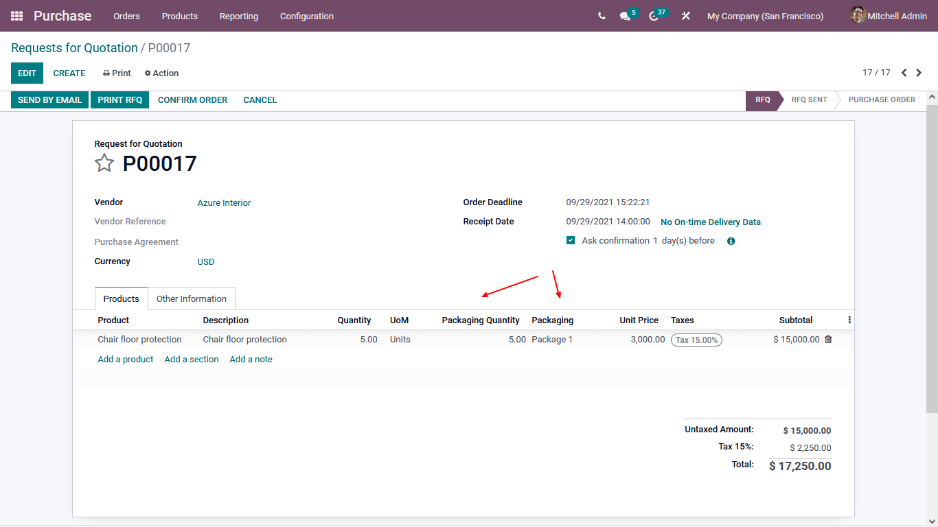 packaging in odoo purchasea