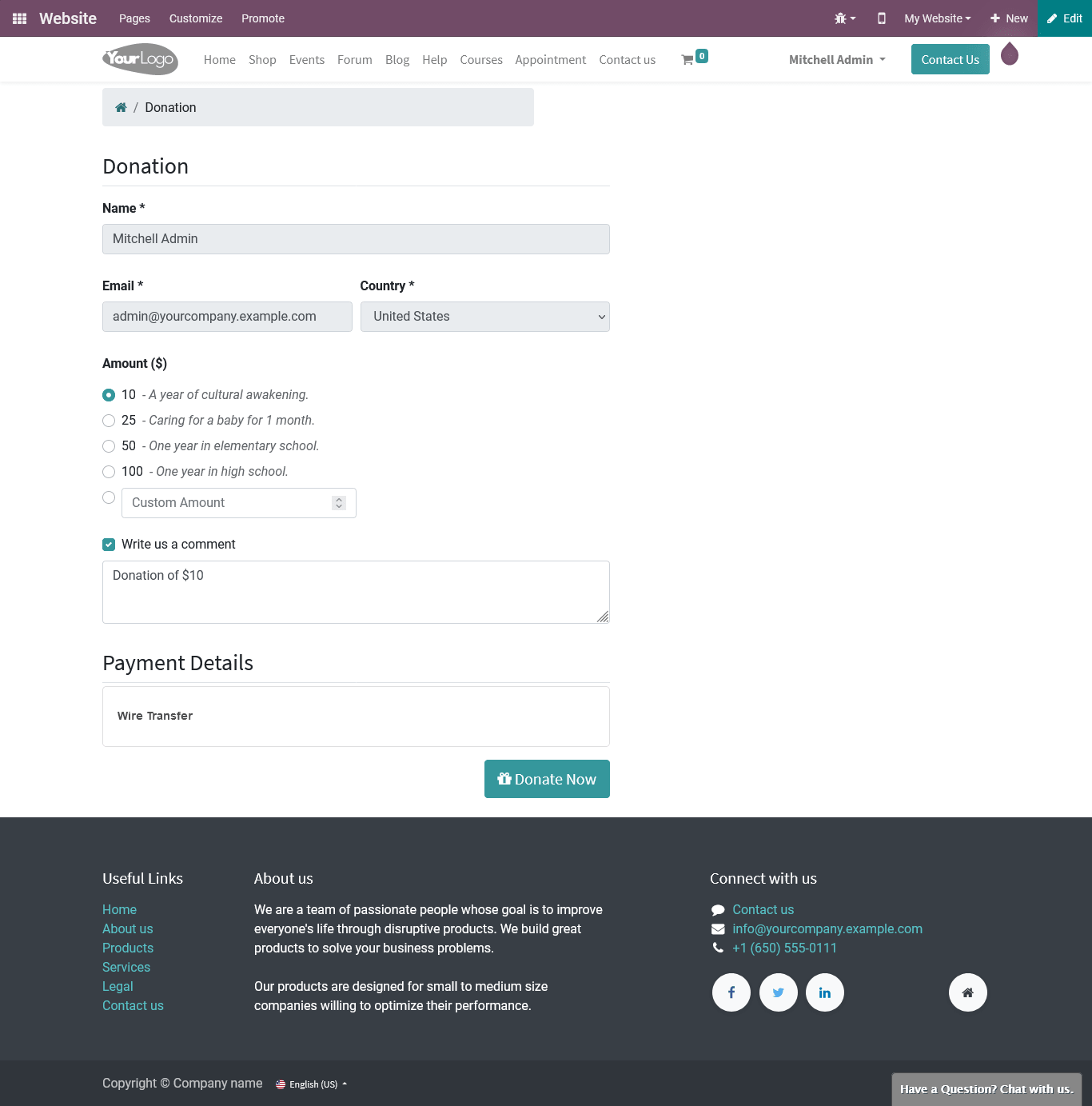 page in odoo