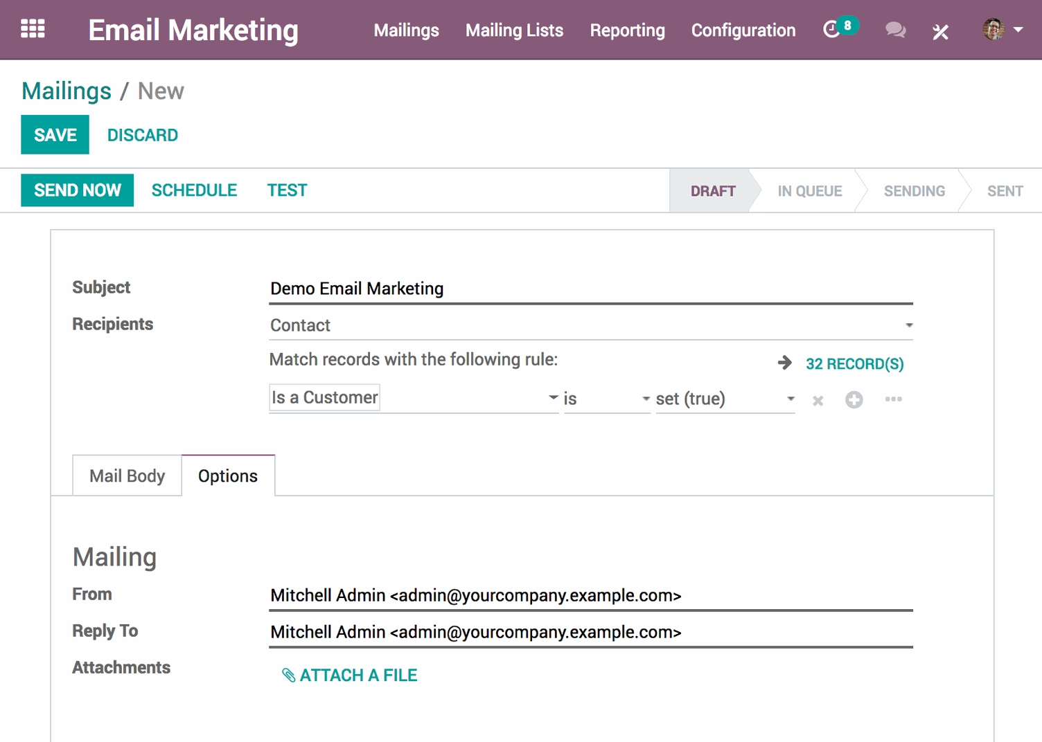 Mailing in odoo email marketing
