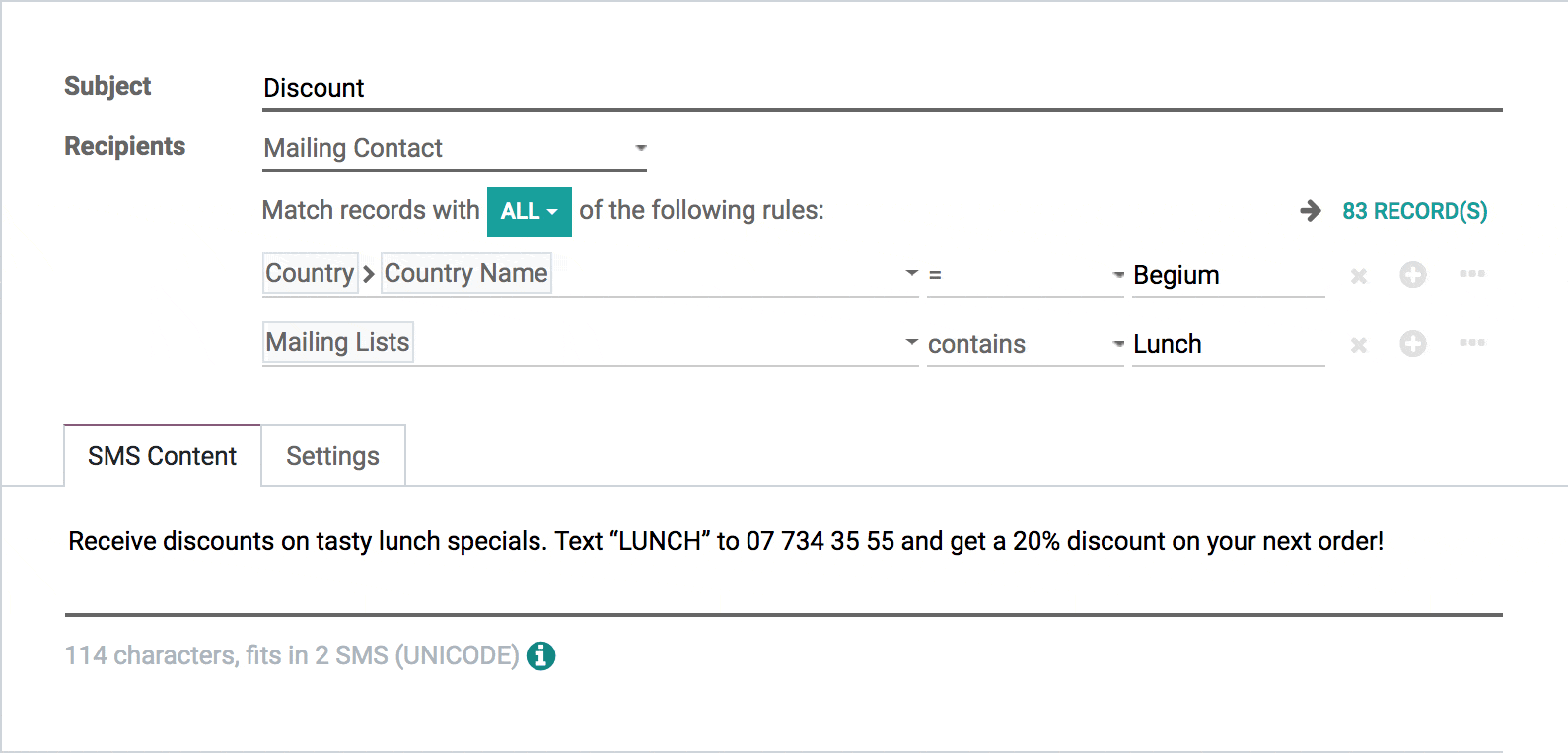 sen sms directly odoo