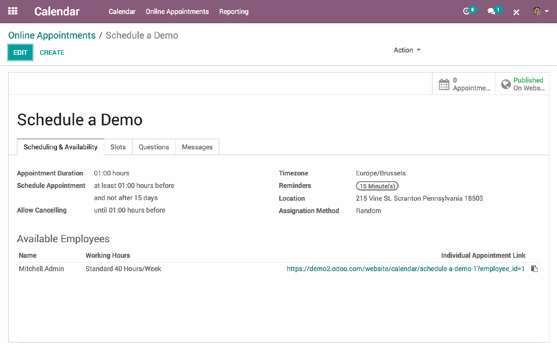 Schedule a demo in odoo calendar