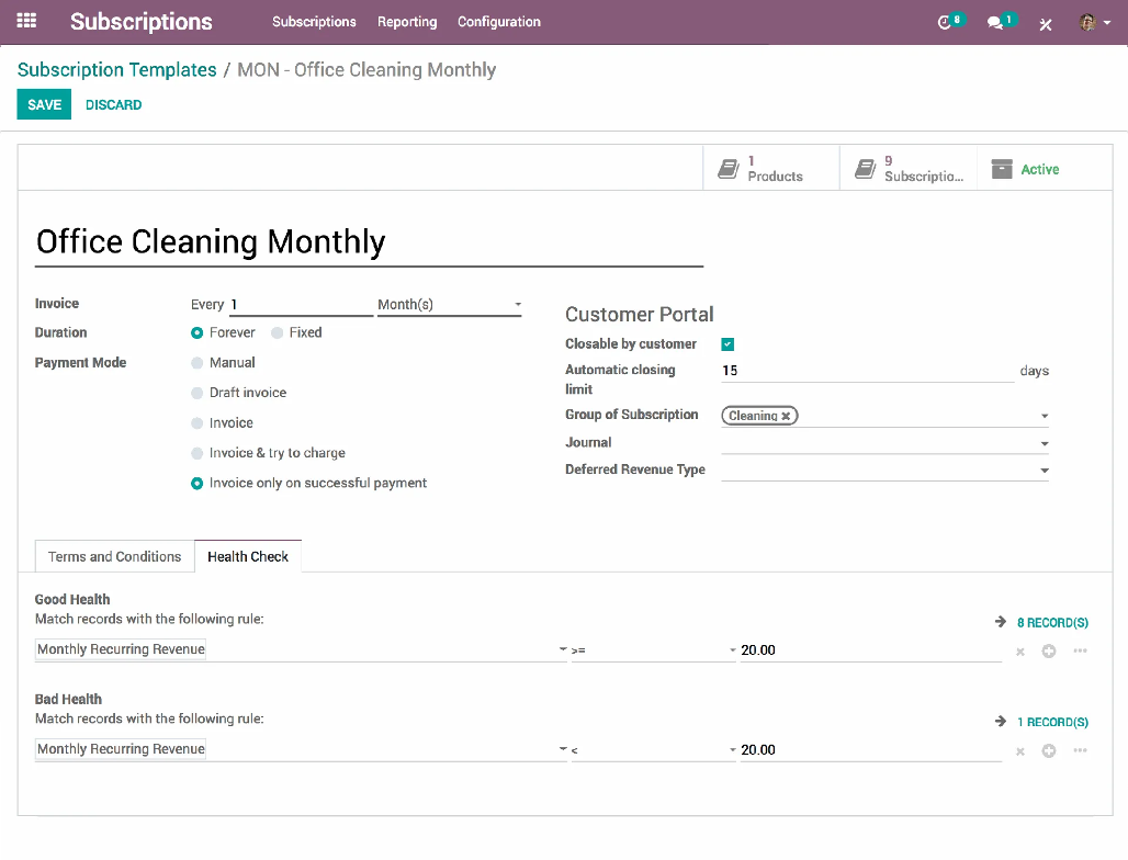 odoo subscription template