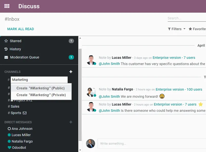 Create channels & private groups in odoo