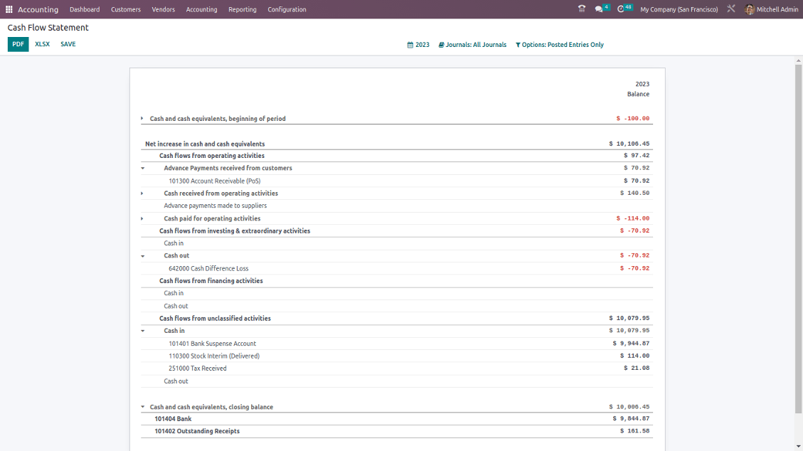 Cash Flow Statement - Odoo Accounting