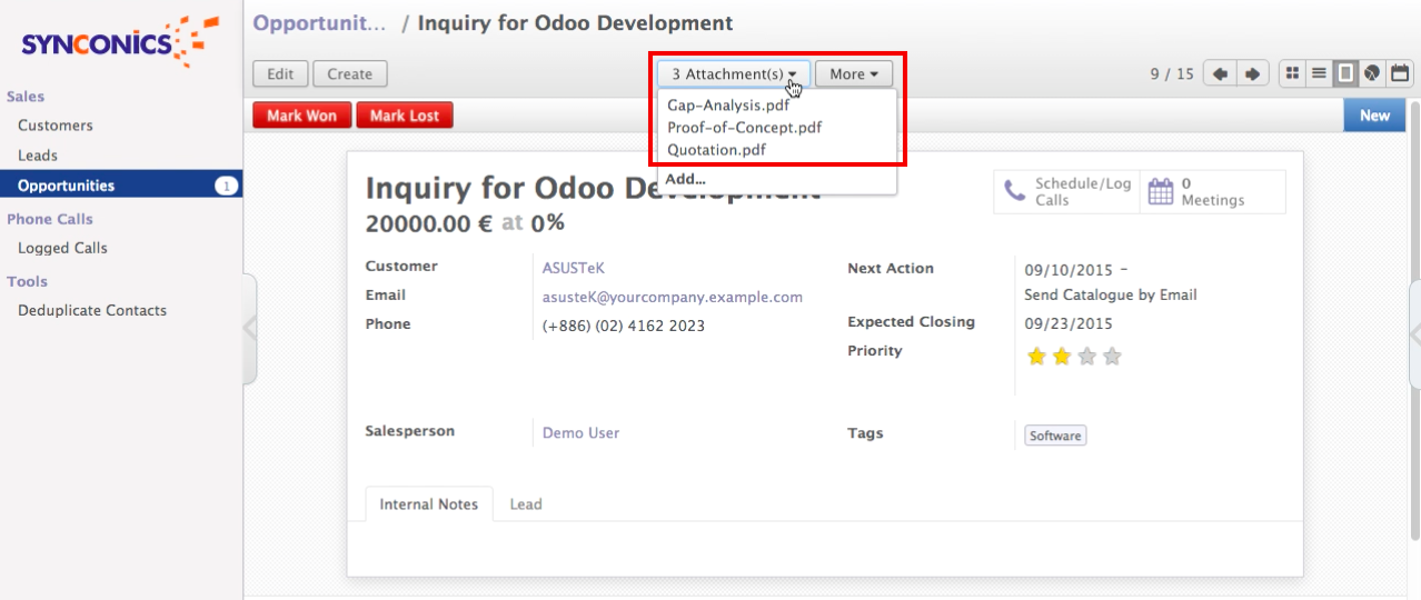 Attachments” dropdown box on the top of the odoo form view