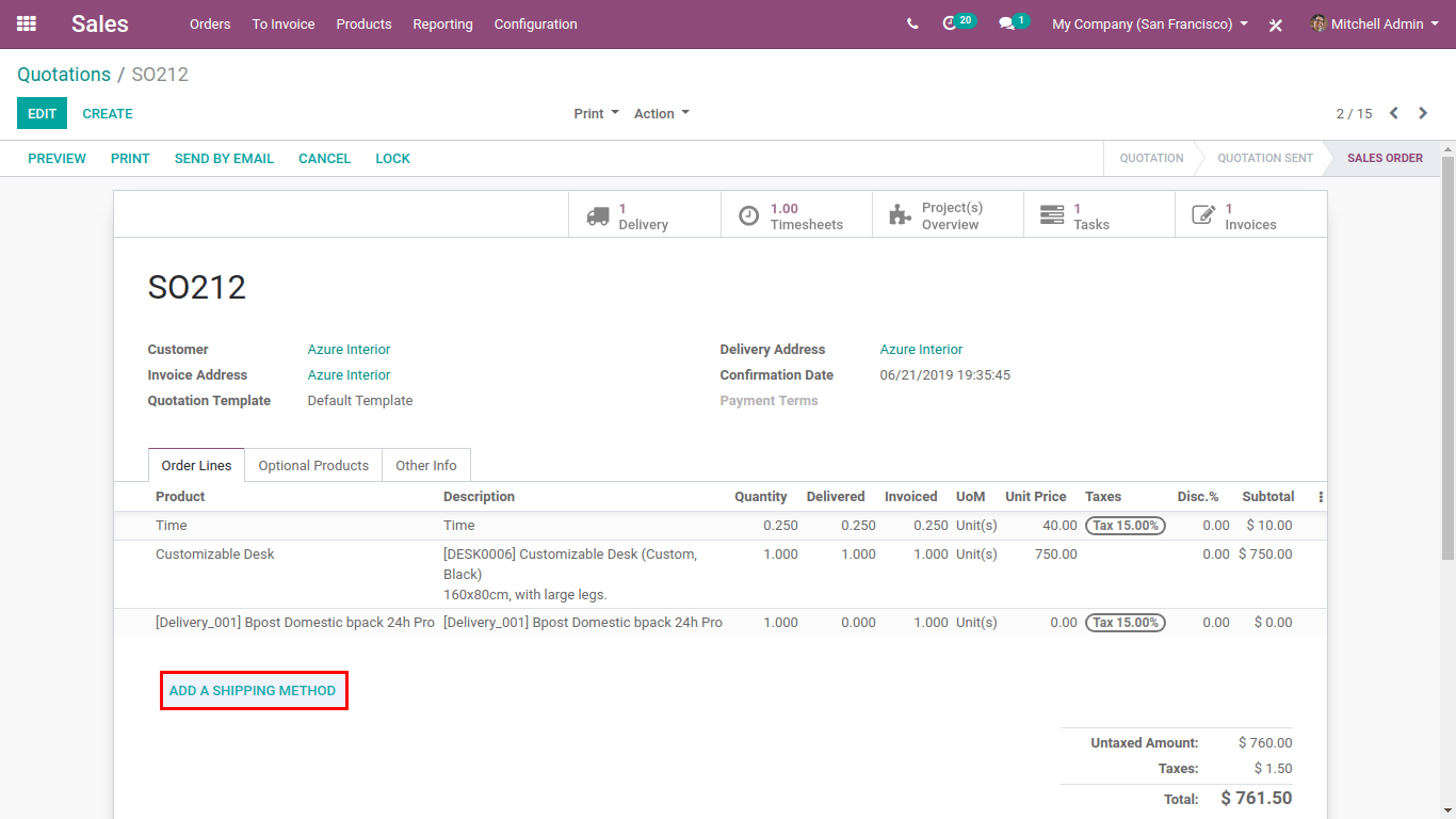 Quotation in sales odoo 13