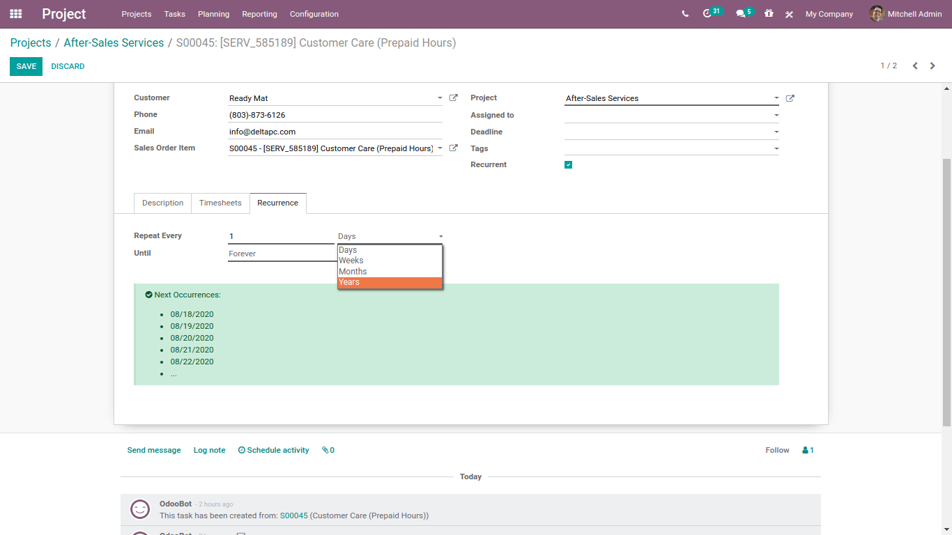 odoo project related recurring