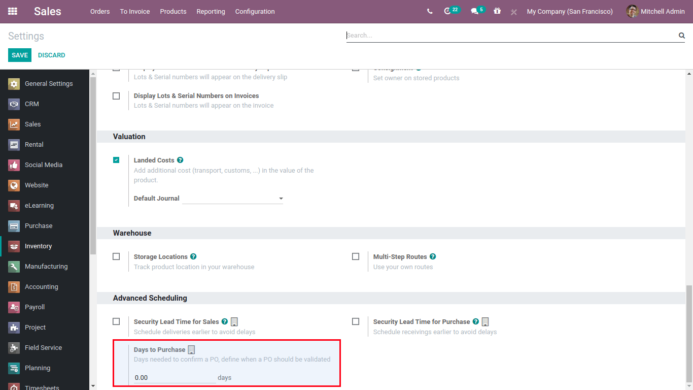day to purchase setting in odoo sales