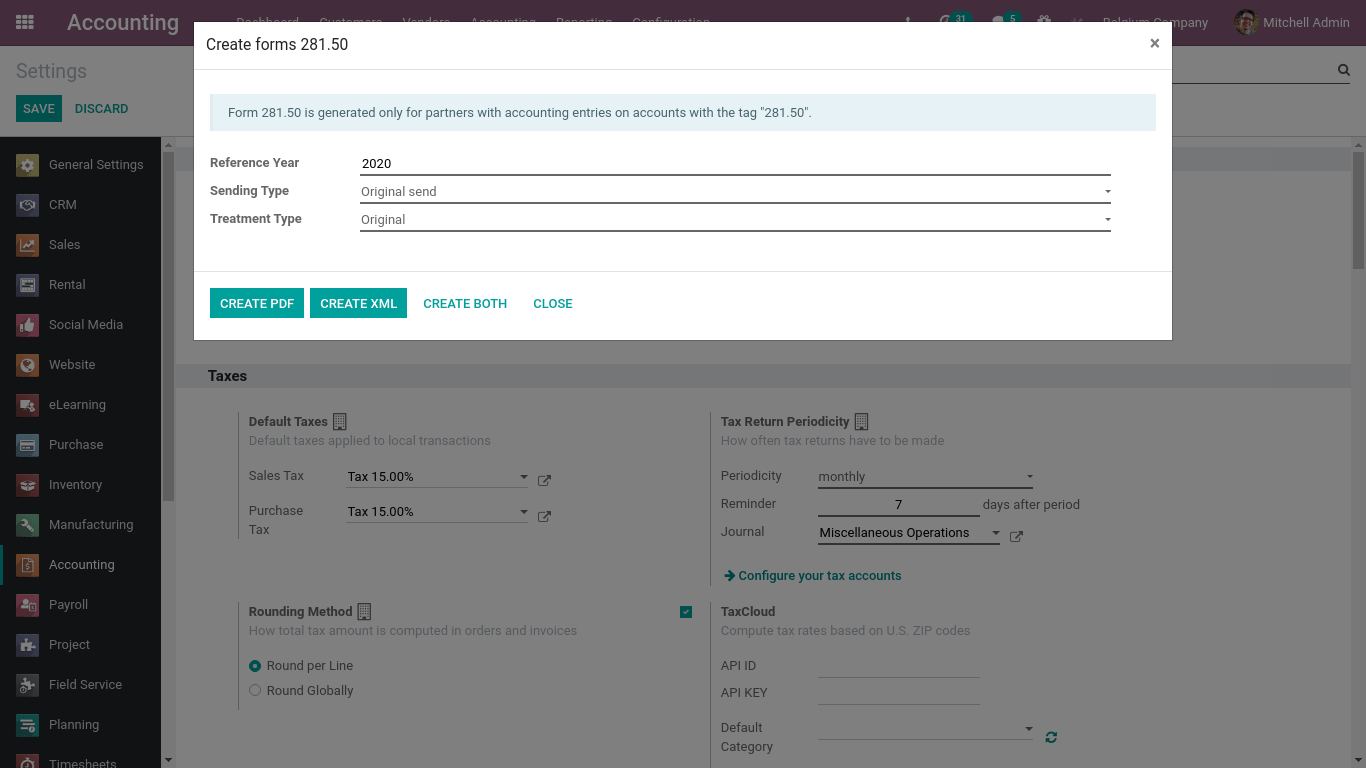 create Fee forms 281.50 for European Companies in odoo 14